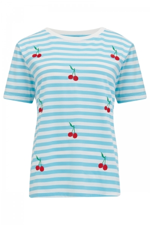 T0809-BLUE WHITE CHERRY EMBROI turquoise/wit/r