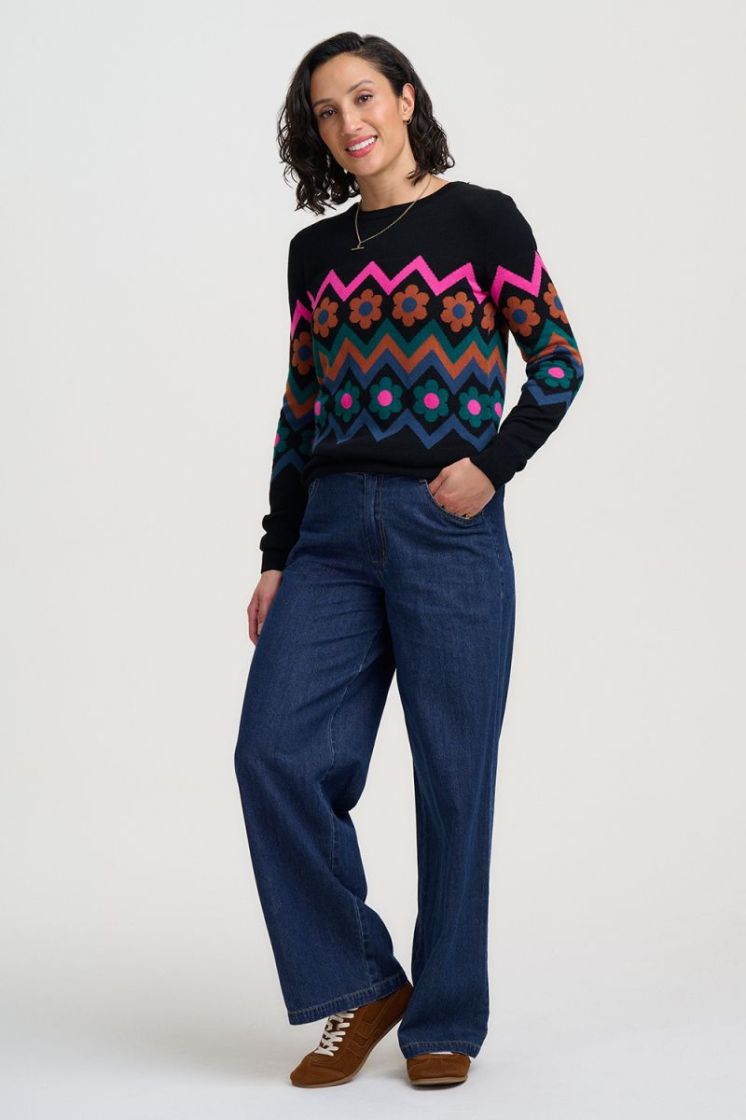 K0990-BLACK FLOWER CHEVRON ZWART/MULTI