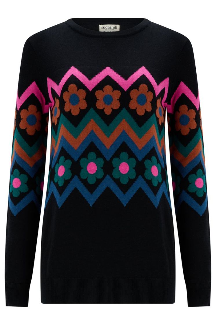 K0990-BLACK FLOWER CHEVRON ZWART/MULTI