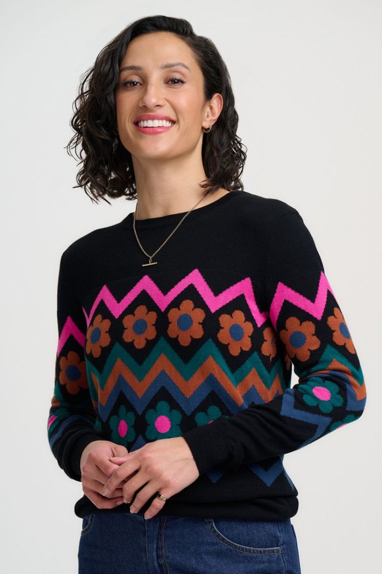 K0990-BLACK FLOWER CHEVRON ZWART/MULTI
