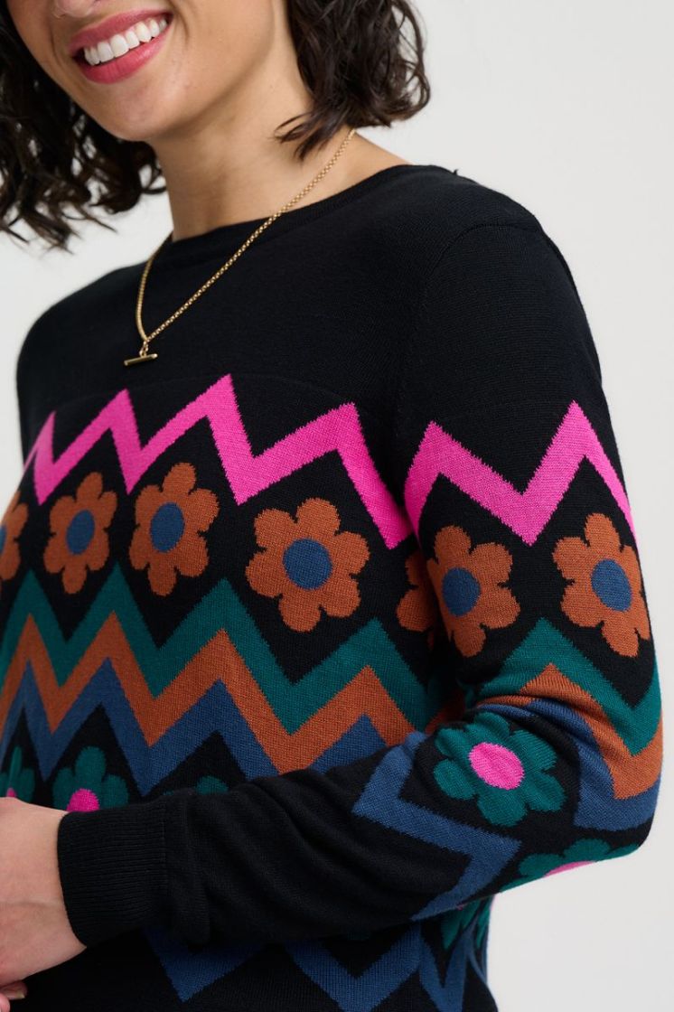 K0990-BLACK FLOWER CHEVRON ZWART/MULTI