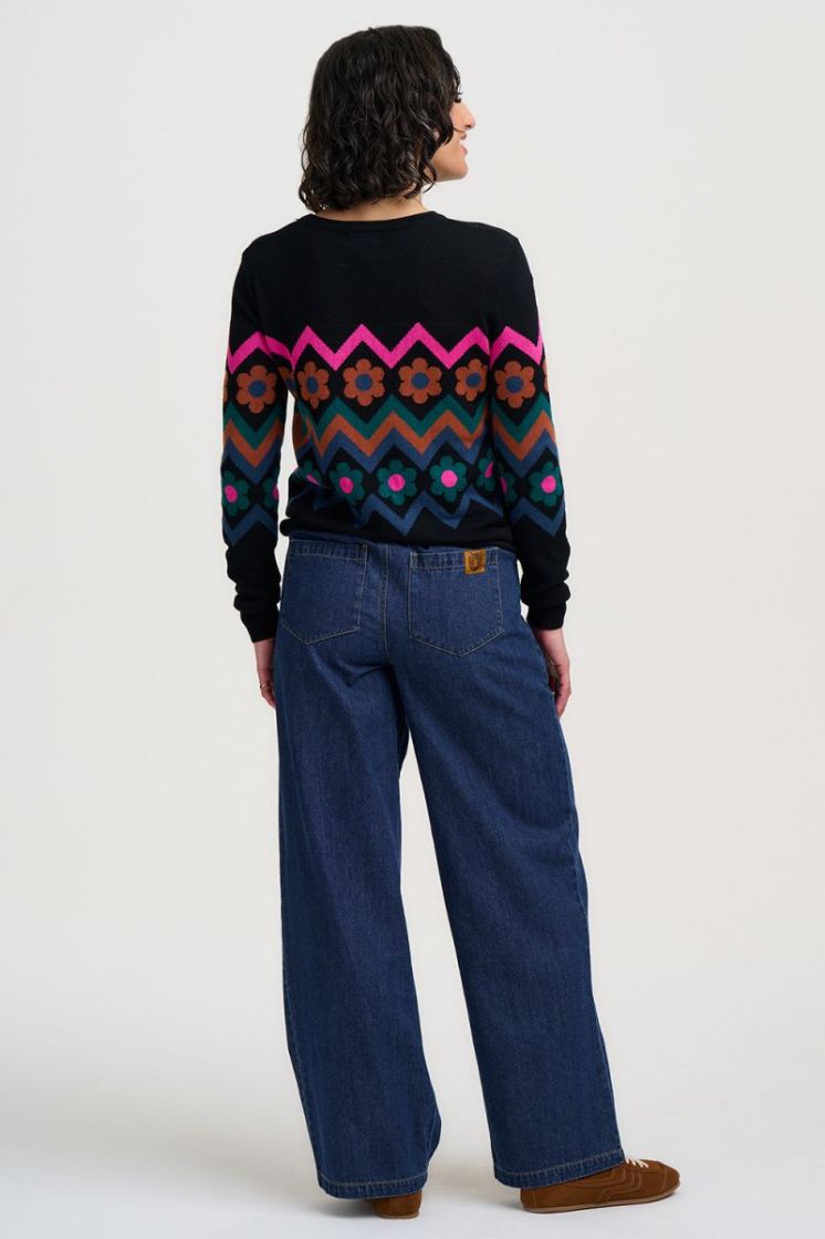K0990-BLACK FLOWER CHEVRON ZWART/MULTI